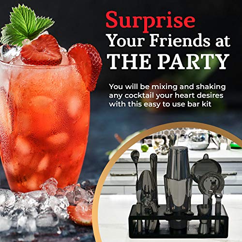 Highball & Chaser 13-Piece Gunmetal Black Stainless Steel Boston Cocktail Shaker Bar Tool Set with Mixology Bartender Kit ...