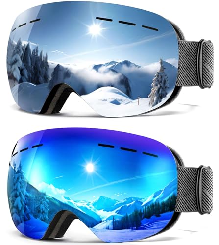 QALLY 2Pack Ski Goggles for Men Women Snow Goggles Anti fog Snowboard Goggles with 100% UV Protection