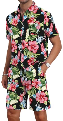 YTD Mens Flower Hawaiian 2 Piece Outfit Sets Short Sleeve Beach Casual Button Down Shirt and Shorts Suits