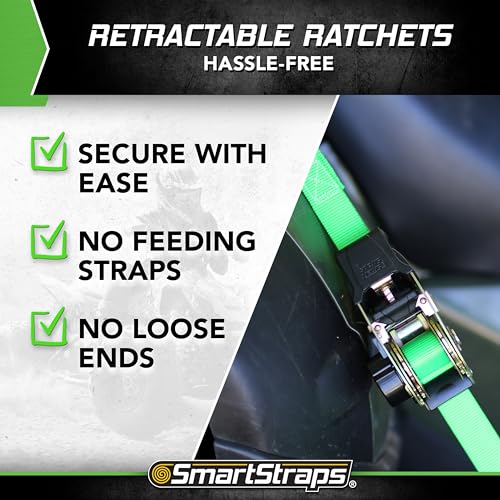 SMARTSTRAPS Retractable Ratchet Tie Down Straps (4 PK) 1,500lb Break Strength, 500lb Safe Work Load, Standard Duty, Secure...