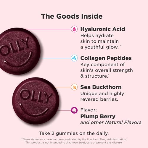 OLLY Glowing Skin Gummy, Hydrated & Youthful Skin,* Hyaluronic Acid, Collagen Peptides, Sea Buckthorn, Plump Berry Flavor,...