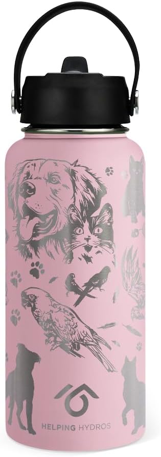 Animal Rescue Water Bottle with Straw Lid | 32 oz Engraved Stainless Steel Insulated with Strap | Best Friends, Pets, and Animals Theme…