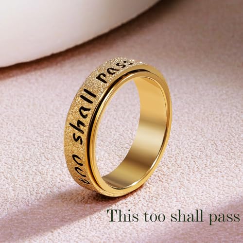 LuckyAmor Fidget Spinner Ring for Women - THIS TOO SHALL PASS Stainless Steel 18K Gold Plated Anxiety Rotating Inspiration...