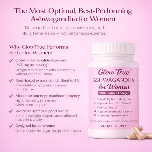 GlowTrue Ashwagandha for Women with Biotin & Collagen – 500mg Female-Optimized Stress & Hormone Support, Hair Skin & Nails...
