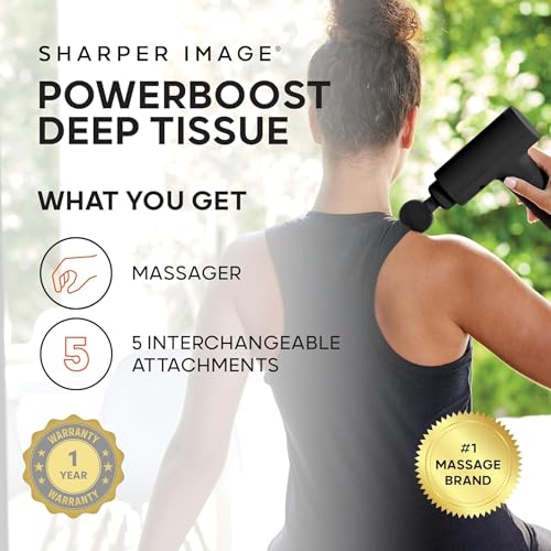 Sharper Image Deep Tissue Percussion Massage Gun, Powerboost Rechargeable Handheld Massager, 6 Adjustable Speeds, 5 Attach...