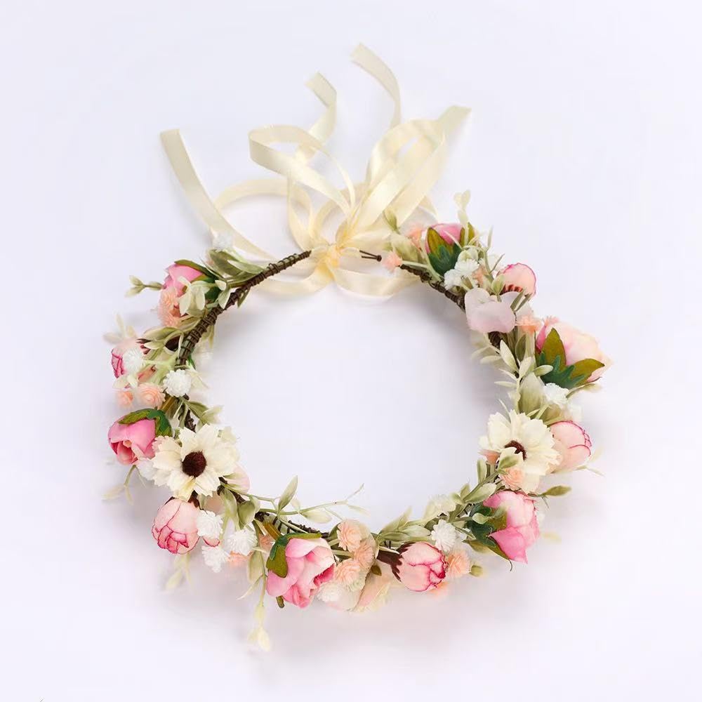 Floral Fall Camellia Flower Crown Rose Headpiece Wedding Bridal Flower Girl Halo Maternity Photo Props FL-03 (Pink Flower with B