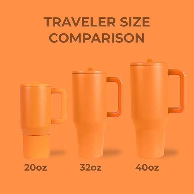 HydroJug Traveler - 32 oz Water Bottle with Handle & Flip Straw - Fits in Cup Holder, Leak Resistant Tumbler-Reusable Insulated Stainless Steel & Rubber Base - Gifts for Women & Men, Tangerine