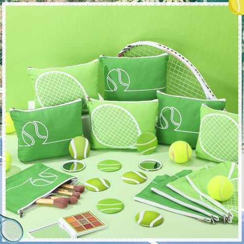 Kacctyen 24 Pcs Tennis Lovers Gifts Bulk for Women Tennis Themed Canvas Makeup Bags Compact Mirrors Accessories for Girl W...