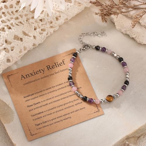 SKIRIFLA Triple Threat Protection Anxiety Relief Gifts for Women,Natural Healing Crystal Bracelet Evil Eye Jewelry for Her...