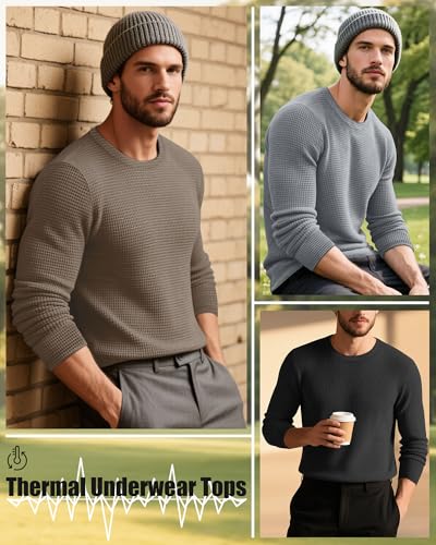 August Alley 5 Pack Thermal Waffle Shirts for Men, Crew Neck Long Sleeve Casual Pullover Underwear Textured Knit Tops