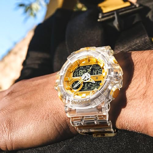 PINDOWS Watches for Men, Transparent Gold Analog Digital Dual Time 50M Waterproof, LED Backlight Multifunctional with Alar...