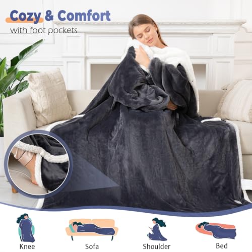 Wearable Heated Blanket with Foot Pocket, Electric Wearable Throw Blanket with Sleeves, Hood, Portable Heated Blanket with...
