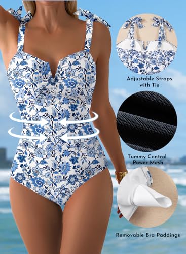 Aleumdr Women's One Piece Swimsuits Tummy Control Bathing Suits V Neck Boho Tie Shoulder Ruched Full Coverage Swimwear