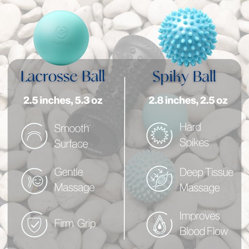 Tumaz Massage Ball & Foot Roller 3-in-1 Set with Spiky Ball, Lacrosse Ball, Massage Roller - Ergonomic Design to Relieve P...