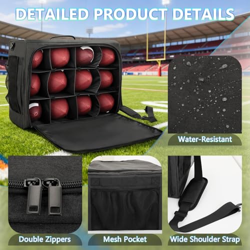 Football Bag Holds 12 Official-Size Footballs, 12-Compartment Ball Carrier with Dividers, Top-Open Organizer Case with Sho...