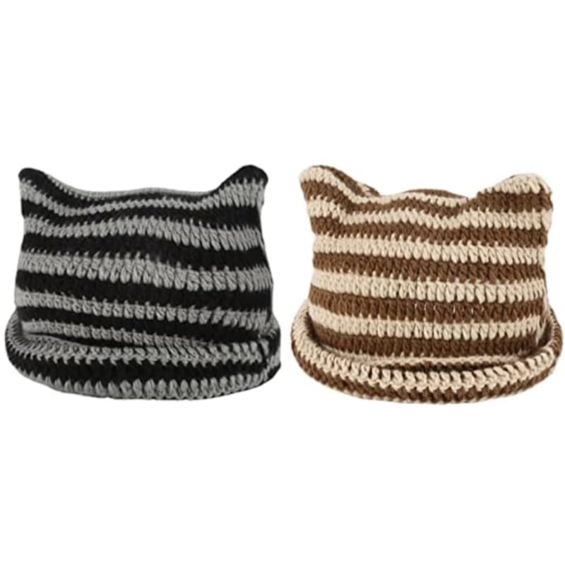 Women Girls Boys Teens Cute CAT Kitty Ears Hats, Winter Warm Knitted Stripe Grunge Accessories Slouchy Headgear