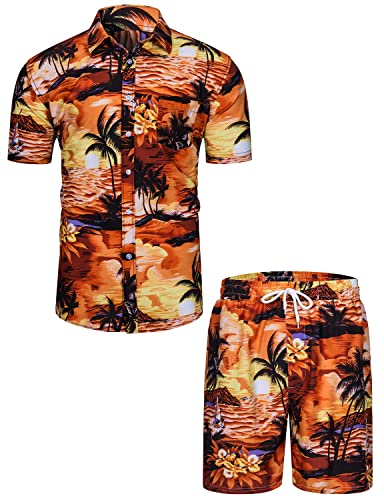 TUNEVUSE Mens Hawaiian Short Sleeve Shirt Suits Flower Print Suits Tropical 2PC Sets Button Down Shirts and Shorts Outfit