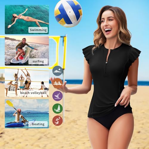WOWENY Womens Padded Rash Guard Short Sleeve Swim Shirts 1/4 Zip UPF 50 Sun Protection Swimsuit Tankini Bathing Suit Top