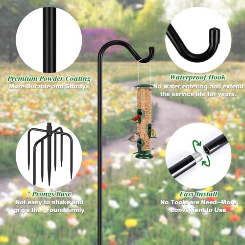 FEED GARDEN 76'' Bird Feeder Pole, Heavy Duty Shepherds Hooks for Outdoor with 7-Prong Base, Adjustable Shepherds Hook for...