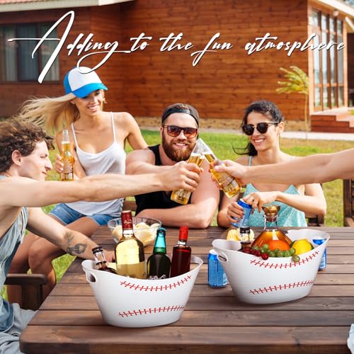 Teenyyou 6 Pcs White Baseball Plastic Ice Bucket Drink Cooler Bulk 4.5l Oval Storage Basket Tub with Handles for Summer Sp...