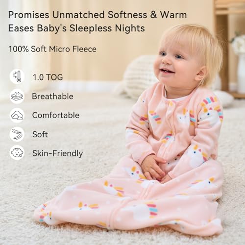Unnivoll Fleece Baby Sleep Sack 18-24 Months Long Sleeve 1.0 Tog Baby Wearable Blanket Microfleece Sleeping Sack with 2-Wa...