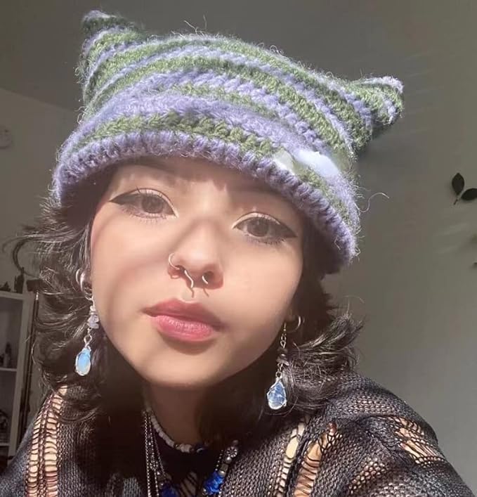 Women Girls Boys Teens Cute CAT Kitty Ears Hats, Winter Warm Knitted Stripe Grunge Accessories Slouchy Headgear