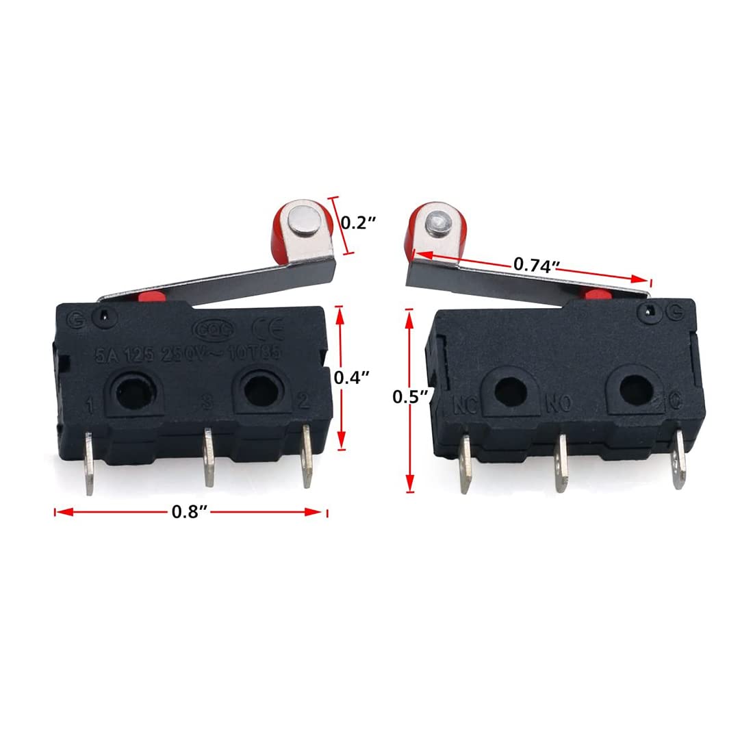 HiLetgo 10pcs Micro Limit Switch KW12-3 AC 250V 5A SPDT 1NO 1NC Micro Switch Normally Open Close Limit Switch with Roller Lever Arm Black
