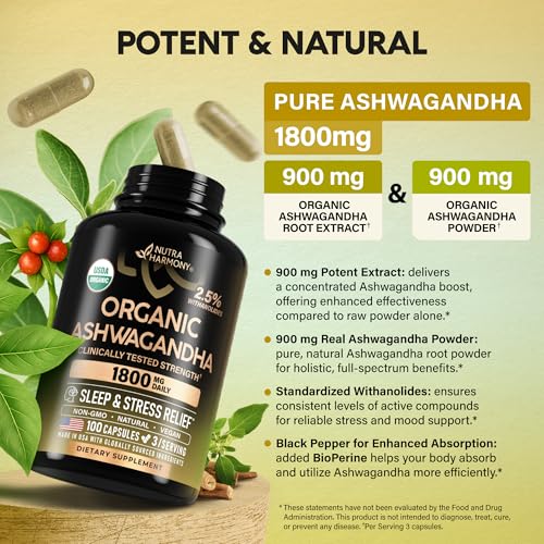 Ashwagandha Supplements 1800mg - USDA Organic Ashwagandha for Women & Men - Clinically Effective Strength for Stress Relie...