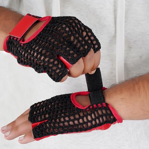 Royal Coalition Men's Driving Gloves Mesh Net Leather Racing Fingerless Motorcycle Black & Red Glove Open Knuckle