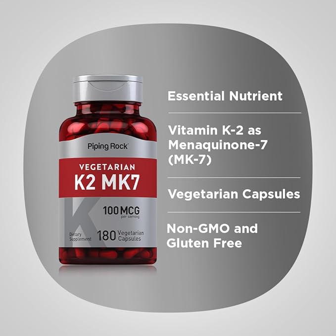 Piping Rock K2 MK7 Vitamin Supplement | 100 mcg | 180 Vegetarian Capsules | Non-GMO, Gluten Free