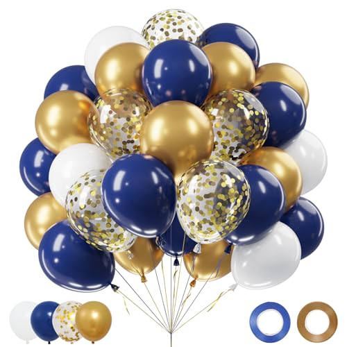 Netnology Navy Blue Gold Balloons Set, 60Pcs 12 Inch Navy Blue White Metallic Gold and Gold Confetti Latex Balloon for Bir...