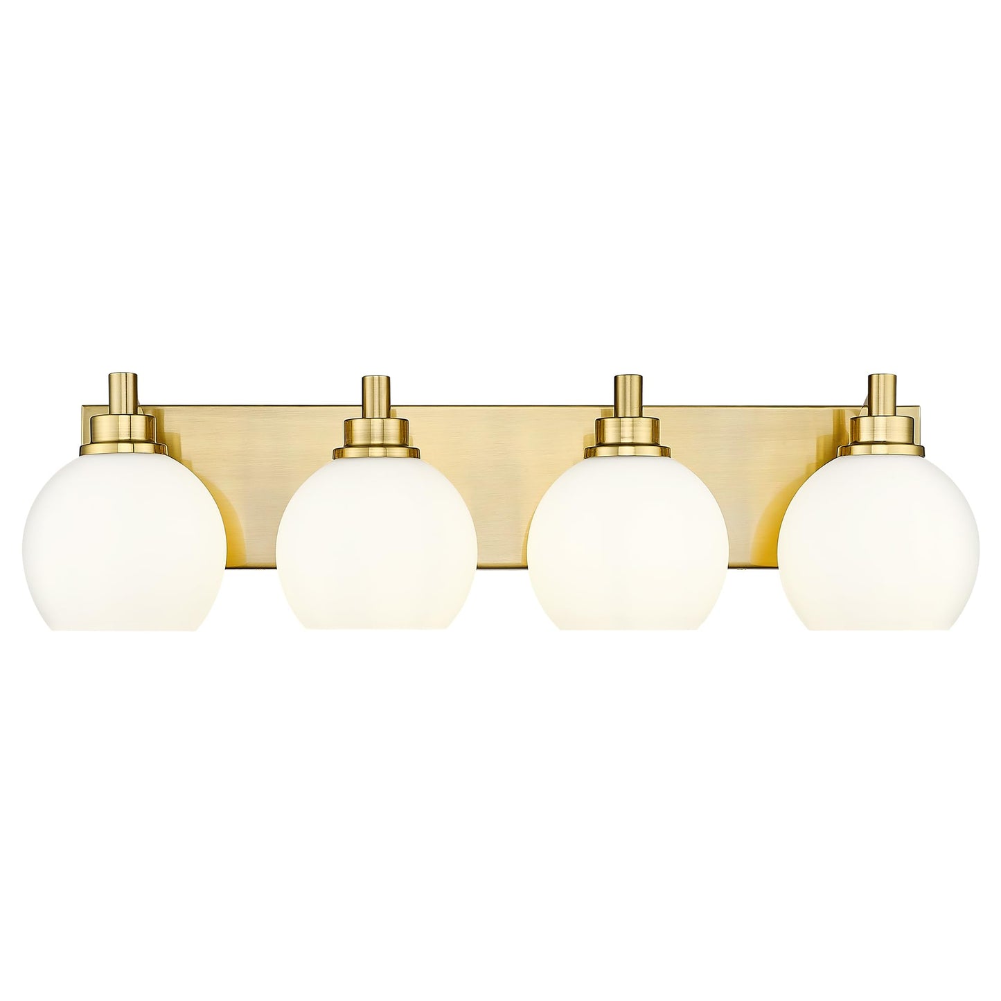 METWET Bathroom Light Fixtures, 4 Light Brushed Gold Vanity Light, 26 Inch Modern Wall Sconces with Globe Milk White Glass Shade, Vanity Lighting Fixtures Over Mirror, VL195-BG-ML-4