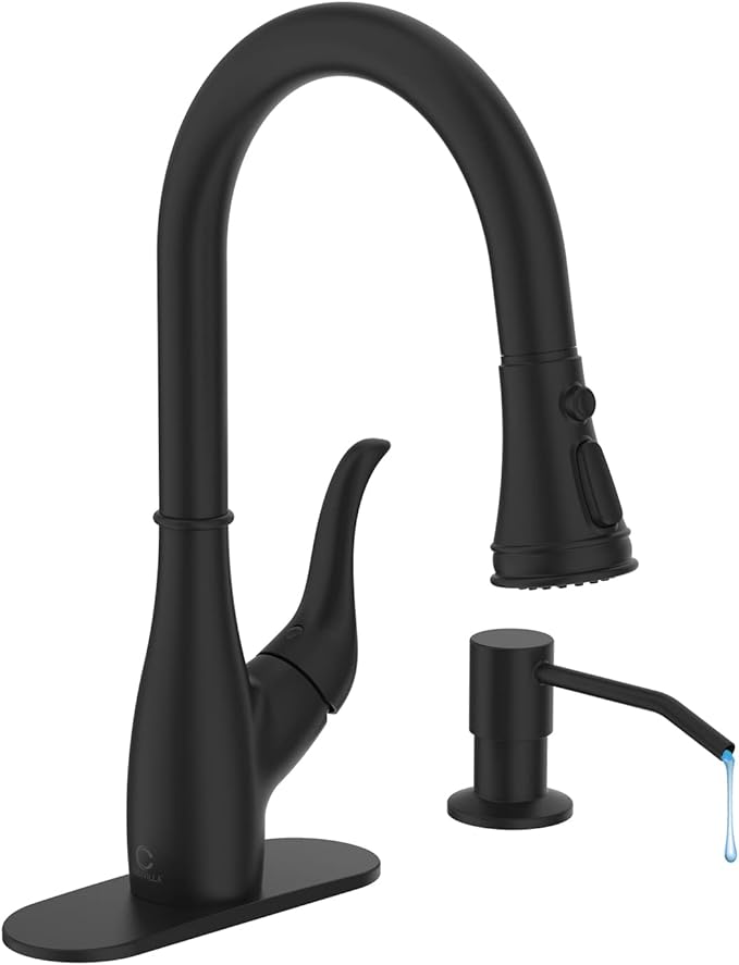 Black Kitchen Faucet with Soap Dispenser, Faucet for Kitchen Sink, Single Handle Stainless Steel Kitchen Sink Faucets with Pull Down Sprayer and Deck Plate, RV Sink Faucet