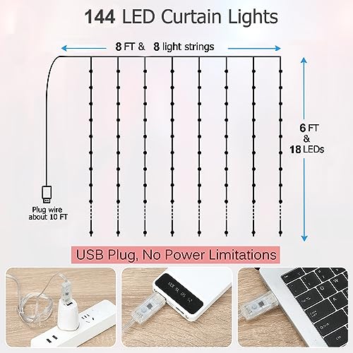 KepStars LED Curtain Lights, 6ft x 8ft 144 LED RGB Color Changing String Fairy Lights Curtain with Smart APP Control, Musi...