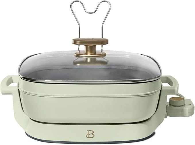 Beautiful 5-in-1 Electric Skillet 7QT, Cast Aluminum Extender, Nonstick, 1500W, Dishwasher-Safe Lid, Slow Cook, Steam (Sage Green)