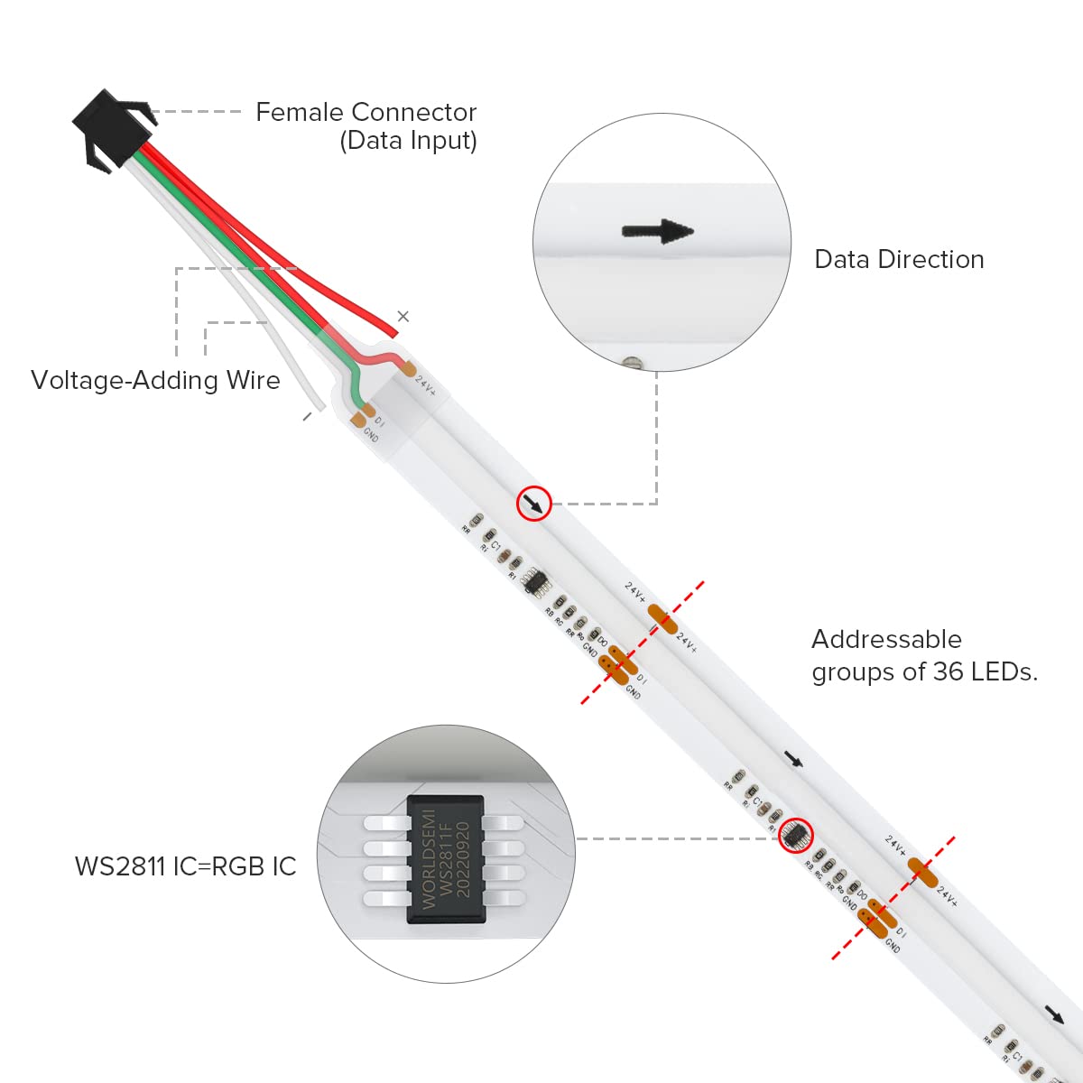 BTF-LIGHTING FCOB WS2811 IC RGB COB LED Strip DC12V 720LED/m Flexible High Density Uniform Chasing Color Light 2X16.4FT Total 32.8FT 20IC/m 12mm Width(No Adapter or Controller)