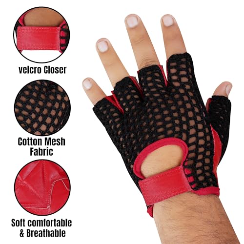 Royal Coalition Men's Driving Gloves Mesh Net Leather Racing Fingerless Motorcycle Black & Red Glove Open Knuckle