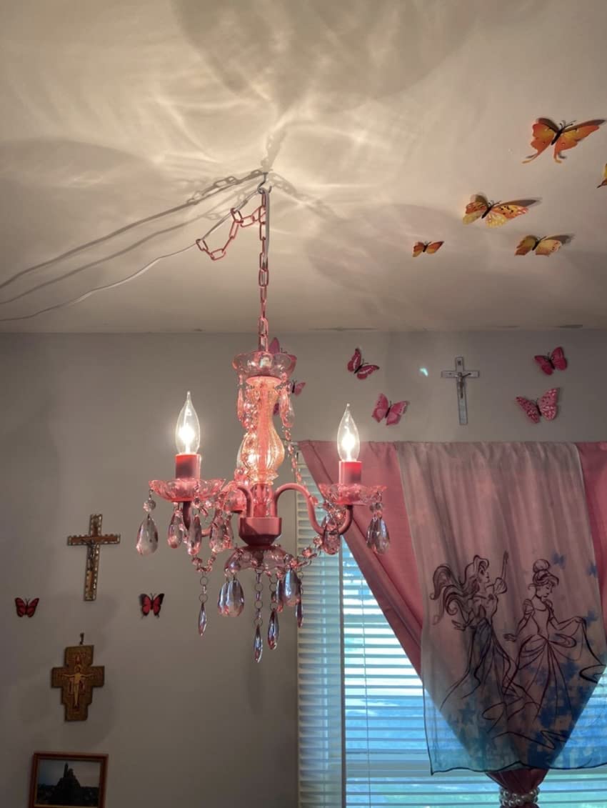 Gypsy Color 3 Light Plug-In Chandelier, Pink Metal Frame, Acrylic Crystals, Model Gymipk, H17”Xw12”