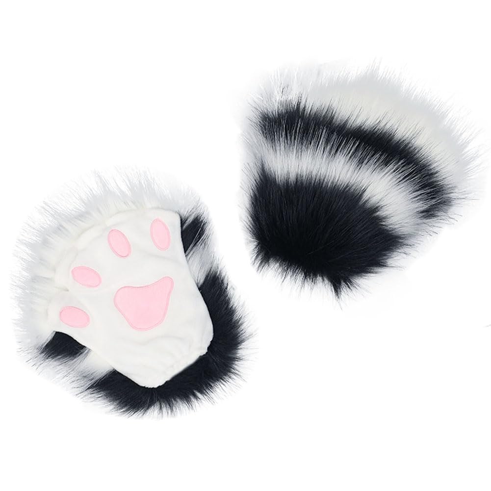 ILUFAM Faux Fur Wolf Cat Paw Gloves Furry Cosplay Bear Paw Gloves Halloween Fancy Party Costume Accessories (Black)