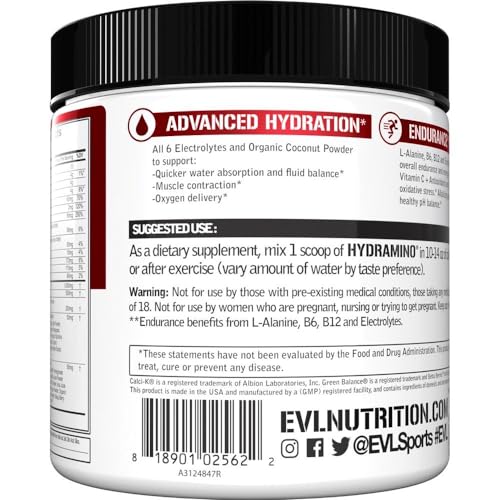 Evlution Nutrition HYDRAMINO Complete Hydration Multiplier, All 6 Electrolytes, Vitamin C & B, Fluid Boosting Aminos, Coco...