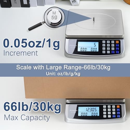 Atogou 66lb Food Scale, Commercial Kitchen Scale with Price Computing, Plug-in Usable, 0.05oz/1g, 304 Stainless Steel, for...