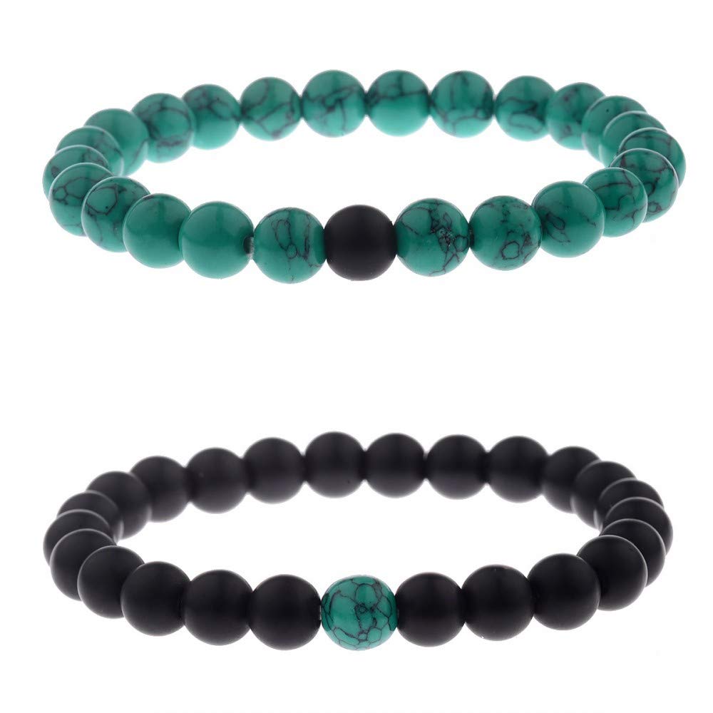 CNLQ Long Distance Bracelets For Lovers Couples Matching Gift Matte Agate 8mm Bead Stone (Elastic Red) (Elastic Green2)