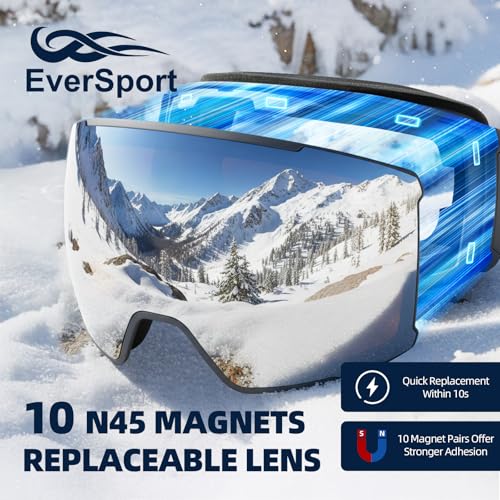 EverSport Ski Goggles, OTG Snowboard Goggles for Men Women with Magnetic Lens UV Protection and Anti Fog, Skiing Snowmobile