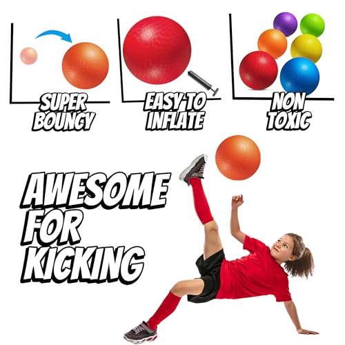 10 Inch Kickball Playground Balls - (Pack of 6) Inflatable Rubber Indoor Outdoor Bouncy Balls for Adults & Kids - Dodgebal...