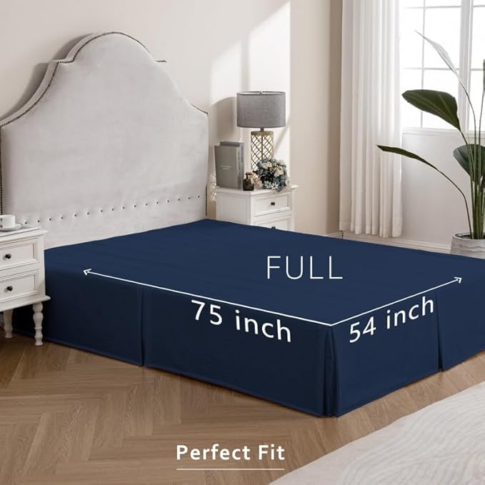 MIYE Pleated Waffle Weave Bed Skirt, Tailored Dust Ruffle 14 Inch Drop Easy Fit, Machine Washable (Navy Blue, Full - 14" Drop)
