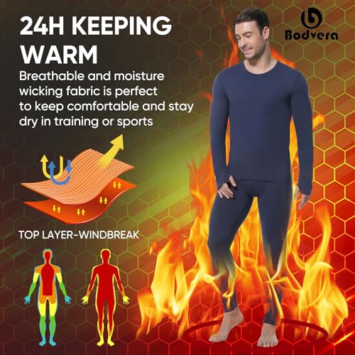 Bodvera Thermal Underwear for Men Long Johns with Fleece Lined Base Layer Set for Cold Weather(Top and Bottom)