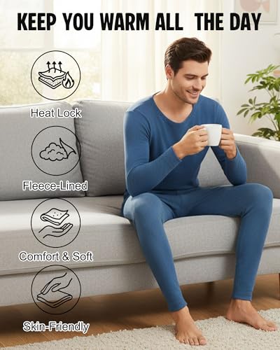 Patelai 2 Pack Thermal Underwear for Men Fleece Lined Long Underwear Winter Base Layer Set Cold Weather Top Bottom