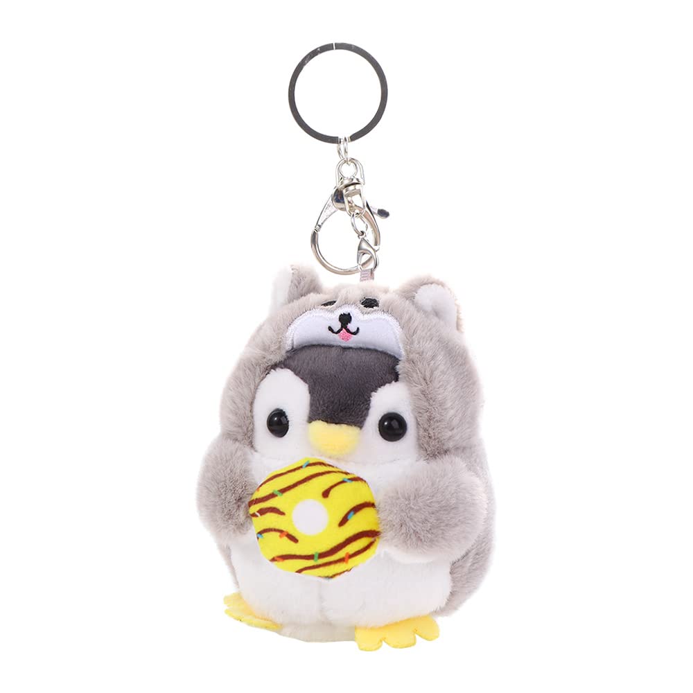 Pokinge 2 Pcs Penguin Keychain, Cute Plush Penguin Pendant Stuffed Animal Keyring Creative Penguin with Dog Frog Clothing Cartoon Donut Backpack Decor(Grey&Green)