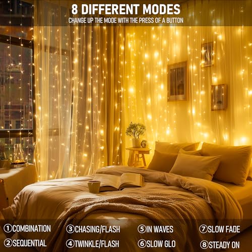 Dazzle Bright 300 LED Curtain Lights, Plug in Fairy Curtain Lights for Bedroom, Christmas Hanging String Lights Outdoor fo...
