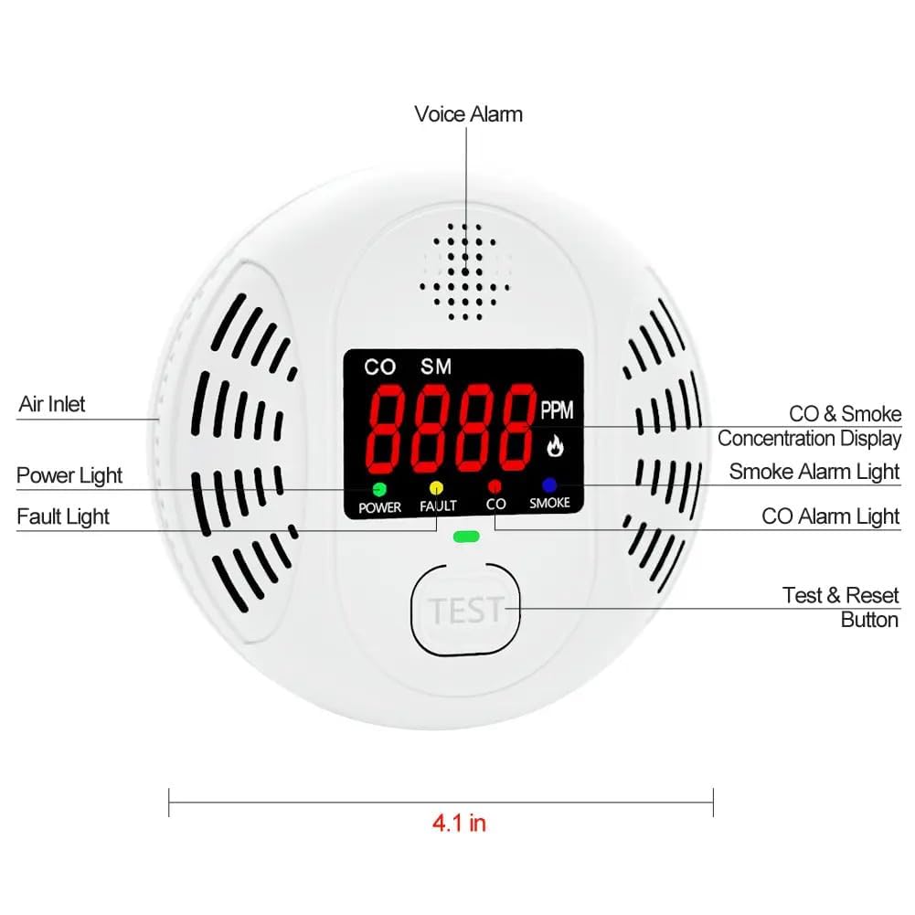 Vzmcov Carbon Monoxide and Smoke Detector Equipped with LCD Display, Battery Powered, Dual Sensor Alarm, 85dB Voice Alarm and Real-time CO Tracking, Suitable for Home/Kitchen/Bedroom/RV 1-Pack